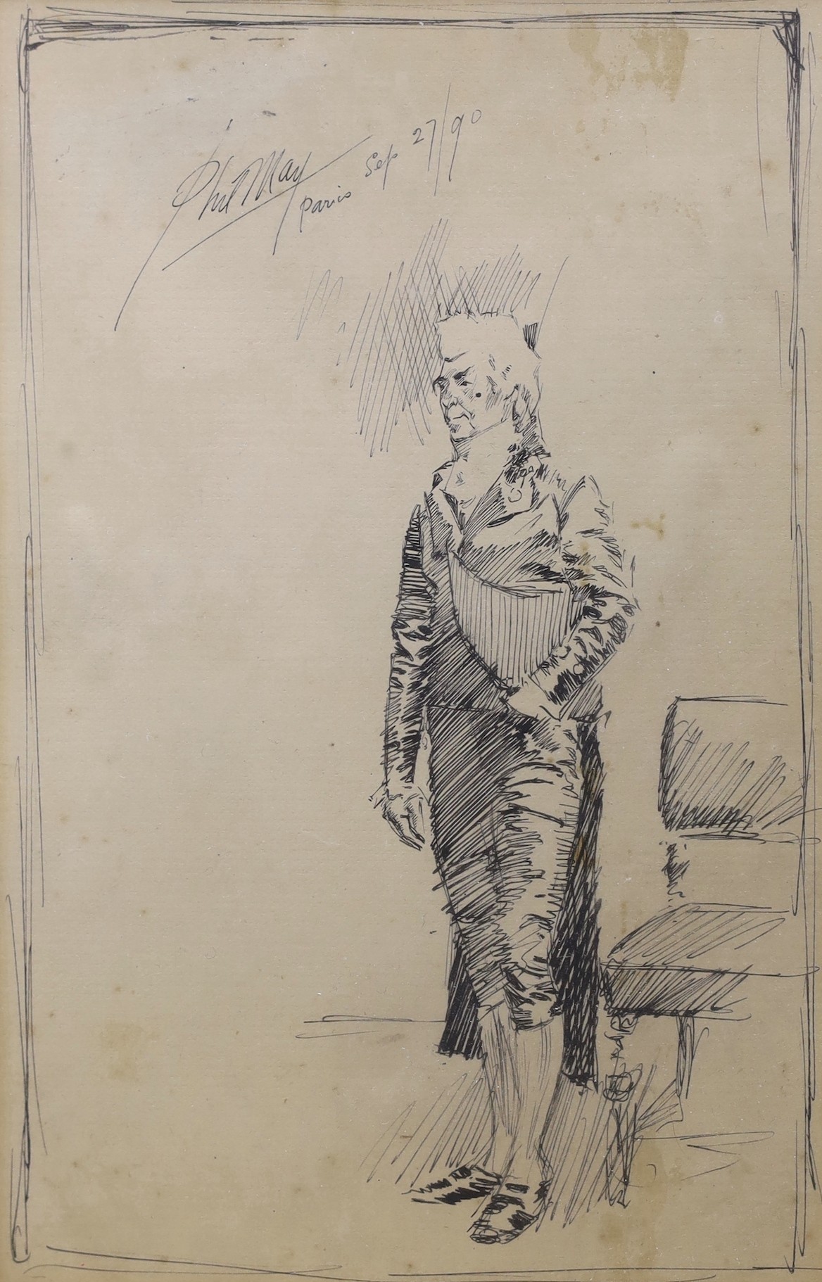 Phil May (1864-1903), pen and ink, Sketch of a standing Georgian gentleman, signed and dated Paris 90, 16 x 10cm